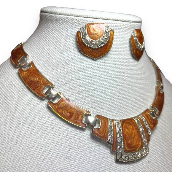 Stunning Pearlescent Orange Necklace and Earring Enamel Set - Picture 1 of 7